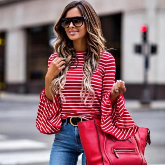 Tops - New! Bell Sleeve Red White Stripe Blouse